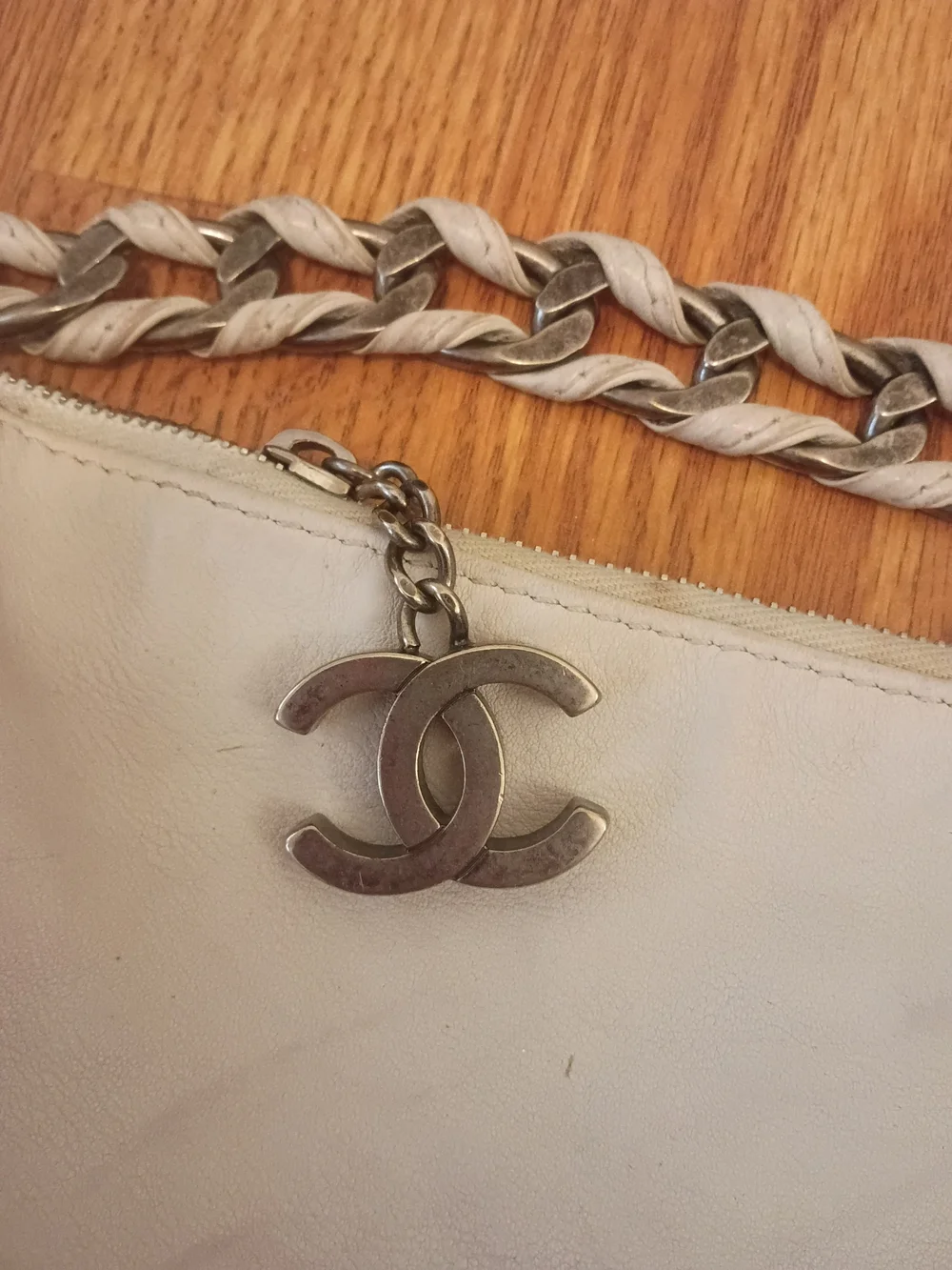 CHANEL Cream Leather Hobo with Silver Chain and CC Stitch
